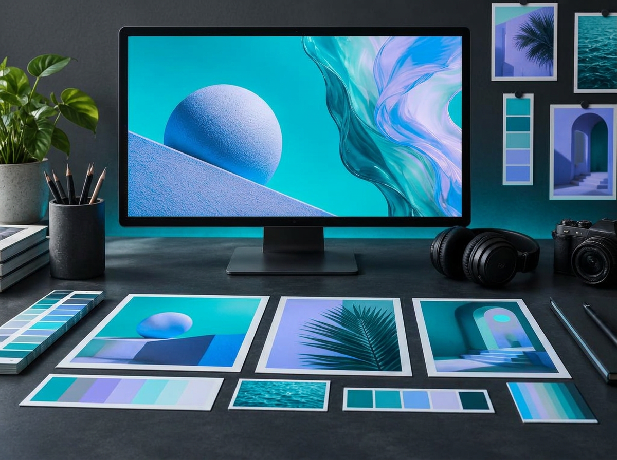 Illustrative creative workspace with colorful campaign artwork