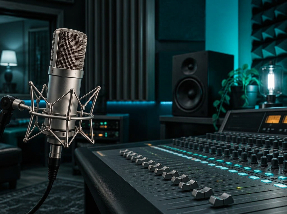 Illustrative recording studio with a microphone and mixing console